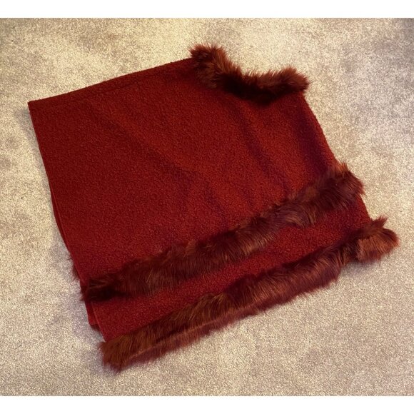 Burgundy Red Acrylic Faux Fur Trimmed Blanket Scarf Wrap Shawl One Size - Picture 1 of 5
